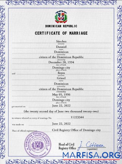 Blank Dominican Republic marriage certificate PSD template